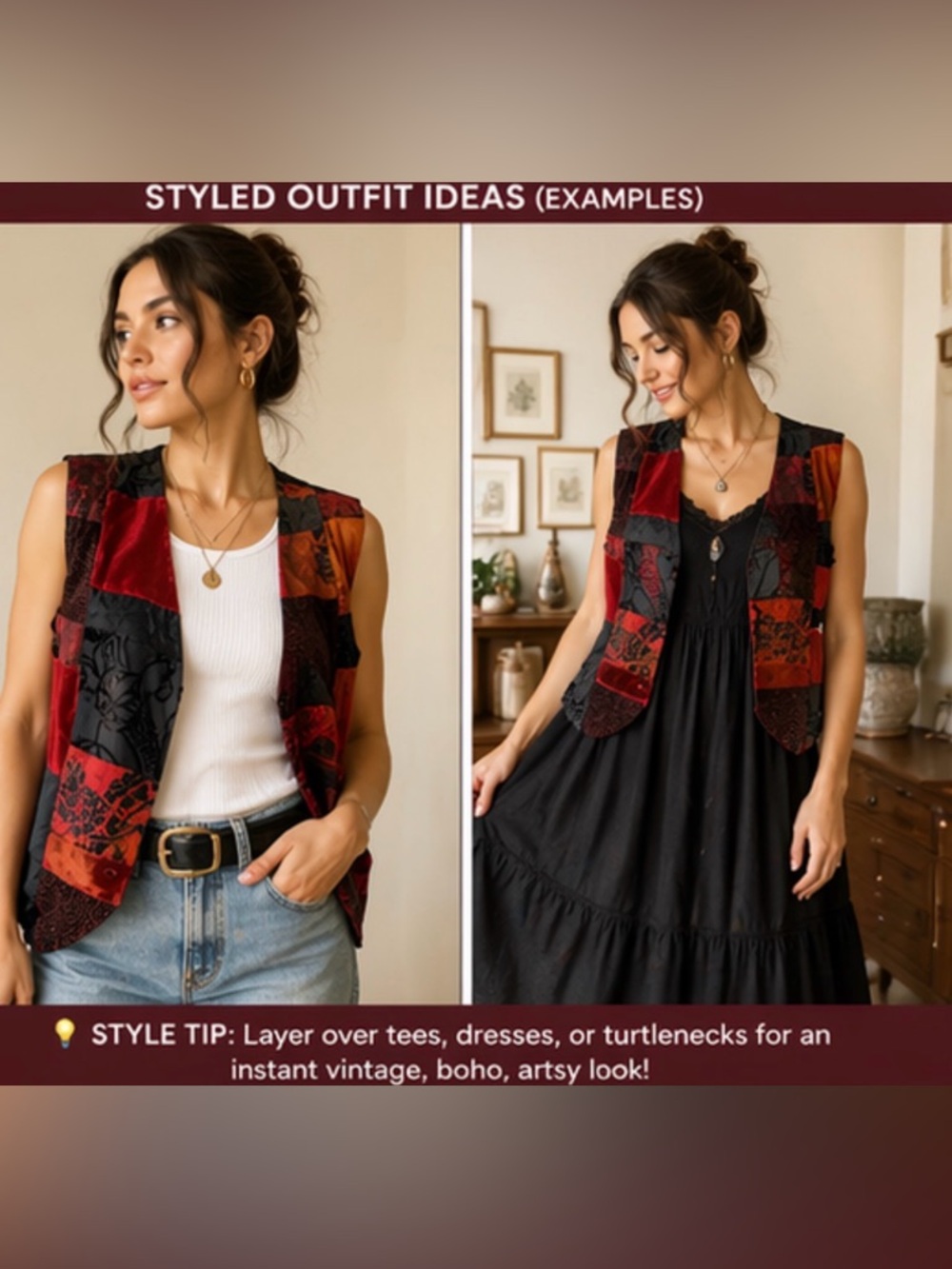 Vintage 90s silk patchwork vest red black velvet boho cottagecore artsy layering